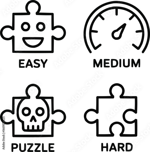 Puzzle Game Difficulty Icons Outline Vector Pack Easy Smile, Dial, Hard Skull