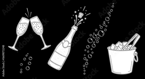 A celebratory illustration featuring champagne glasses clinking, a bottle popping open with effervescence, a stream of bubbles, and an ice bucket with tongs.