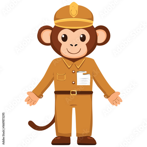 A friendly and detailed character design of a monkey postal worker, ready to deliver a letter in a uniform shirt, trousers, and hat.