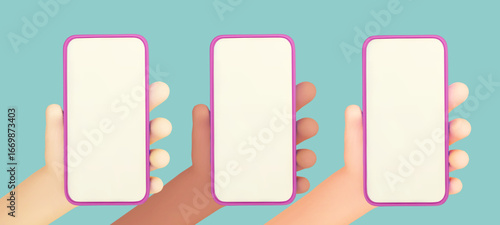 3D vector hands set holding mobile phone. Person using smartphone with empty screen for mockup mobile concept. Cartoon style illustration for web graphic design