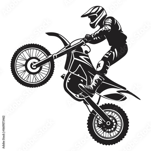 Motocross rider performing a wheelie stunt, black vector silhouette