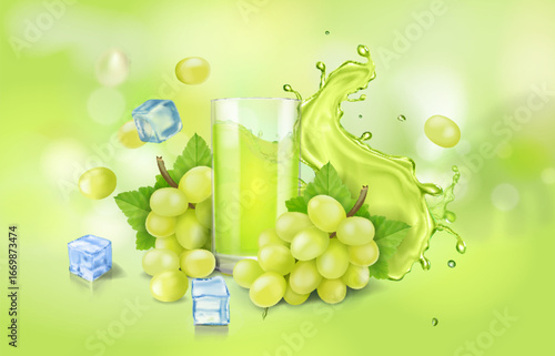 Grape juice on bokeh orchard scene in 3d illustration. Drinking glass with white or green wine. Grapes branch realistic 3d advertising