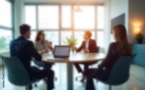 Blurred business people meeting in office interior with space for background or banner design. High quality