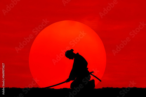 Silhouette of samurai against red sunset, Japanese culture and bushido concept art