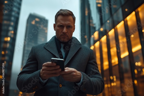 Serious businessman holding a phone, reading an online message, and typing, focused on his work as an investor outside the office building, representing concentration and success, Generative AI