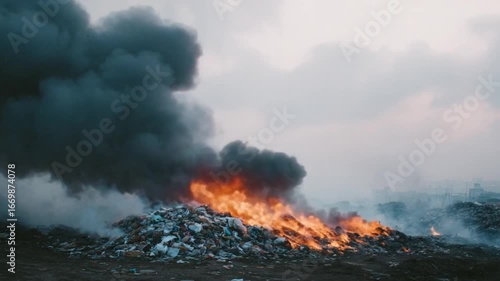 Burning Waste: A powerful image capturing a landfill fire, with towering smoke and vibrant flames creating a dramatic scene of environmental concern.