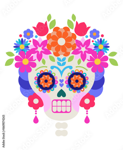 White Sugar Skull With Flowers
