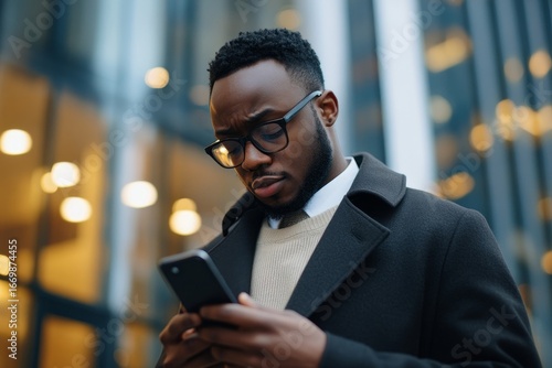Upset businessman reading bad news online using an app on his phone, standing outside the office building, looking disappointed with his professional results, reflecting the emotional, Generative AI