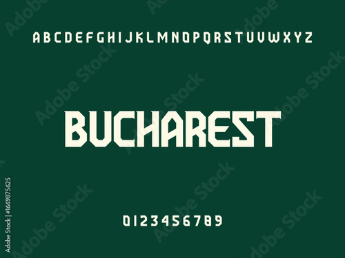 Bucharest City Name Display in Modern White Geometric Sans Serif Font with Alphabet and Numbers on Dark Green Background