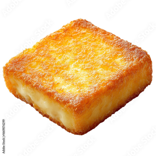 A golden crispy fried tofu cube with a crunchy Isolated transparent on white background