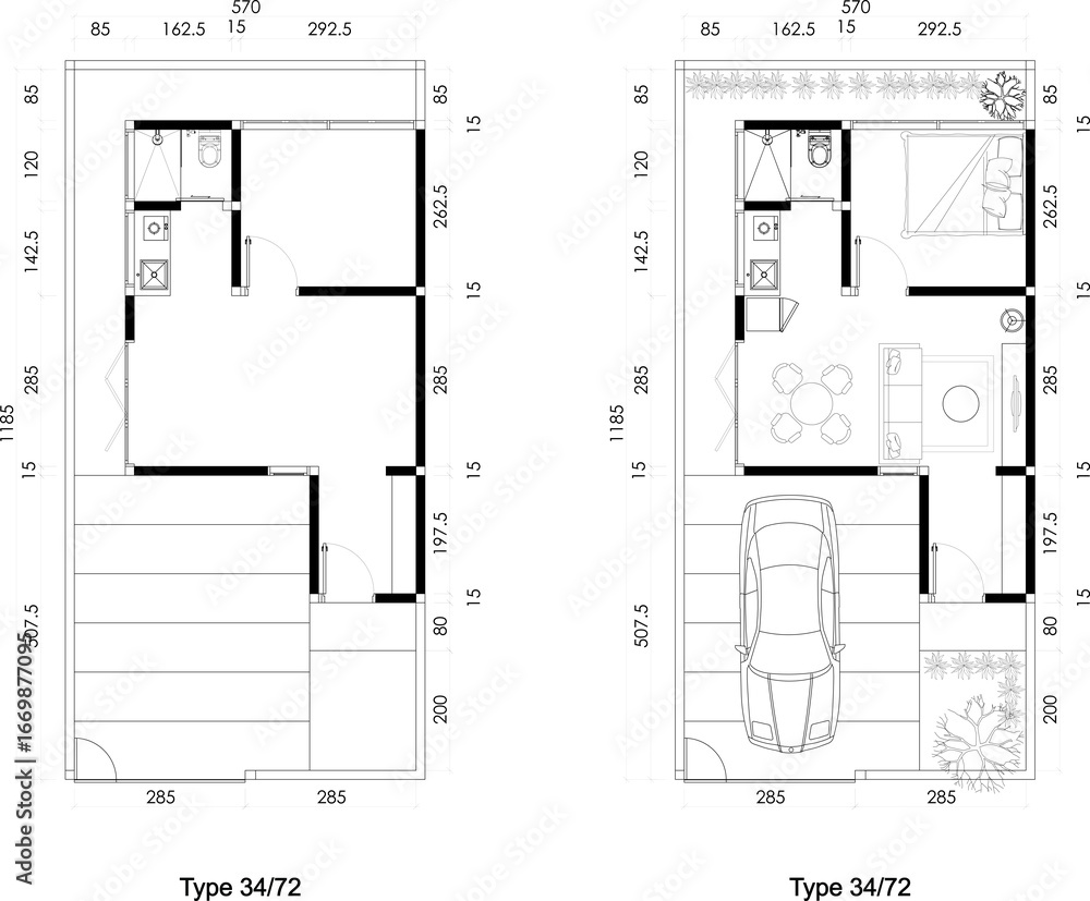 custom made wallpaper toronto digitalTwo Architectural Small Floor Plans of Blank and Furniture Layout  a House with Garden and Carport. 9
