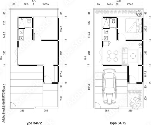 Wallpaper Mural Two Architectural Small Floor Plans of Blank and Furniture Layout  a House with Garden and Carport. 9 Torontodigital.ca