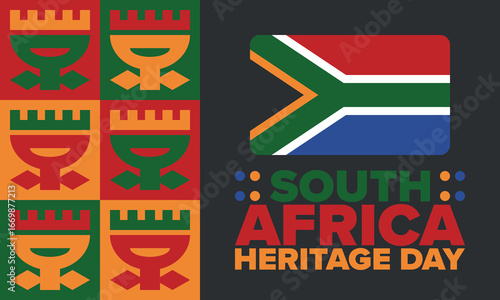 South Africa Heritage Day. Happy holiday. Celebrate culture and traditions of nation. South African flag. Poster with illustration. Pattern design. Vector