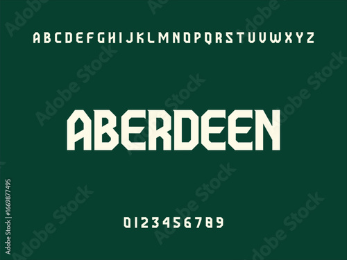 Aberdeen City Name Display in Modern White Geometric Sans Serif Font with Alphabet and Numbers on Dark Green Background