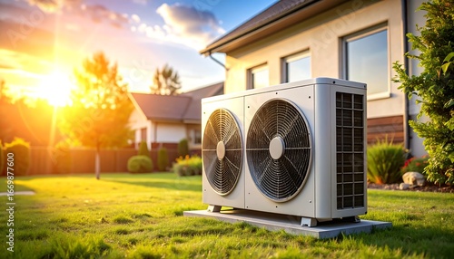 Fototapeta Naklejka Na Ścianę i Meble -  Outdoor heat pump unit sits on concrete slab in a lush green lawn, sunset backdrop