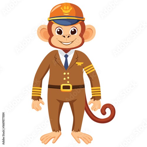 A confident and detailed character design of a monkey pilot, ready to take off with a stylish uniform and a determined expression.