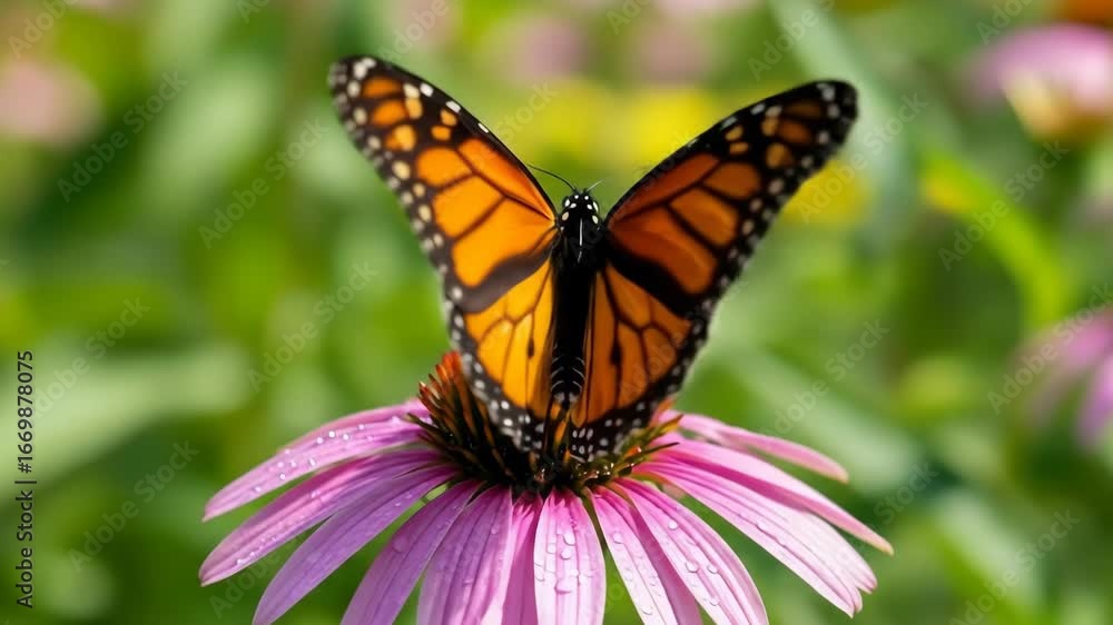 Monarch butterfly on a pink flower in a garden Monarch butterfly on a pink flower in a garden