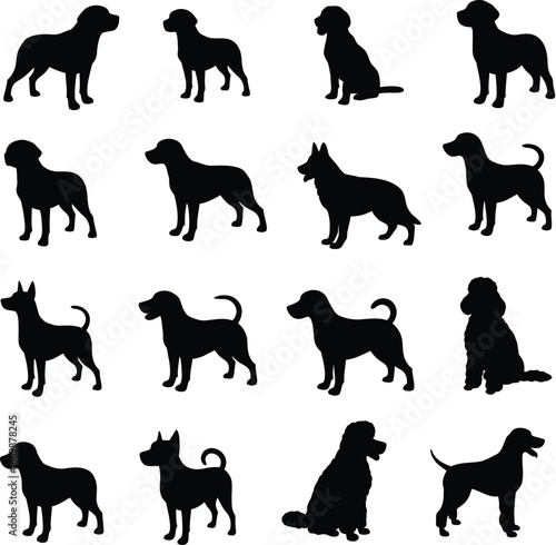 Collection of Black Dog Silhouettes in Various Poses animal