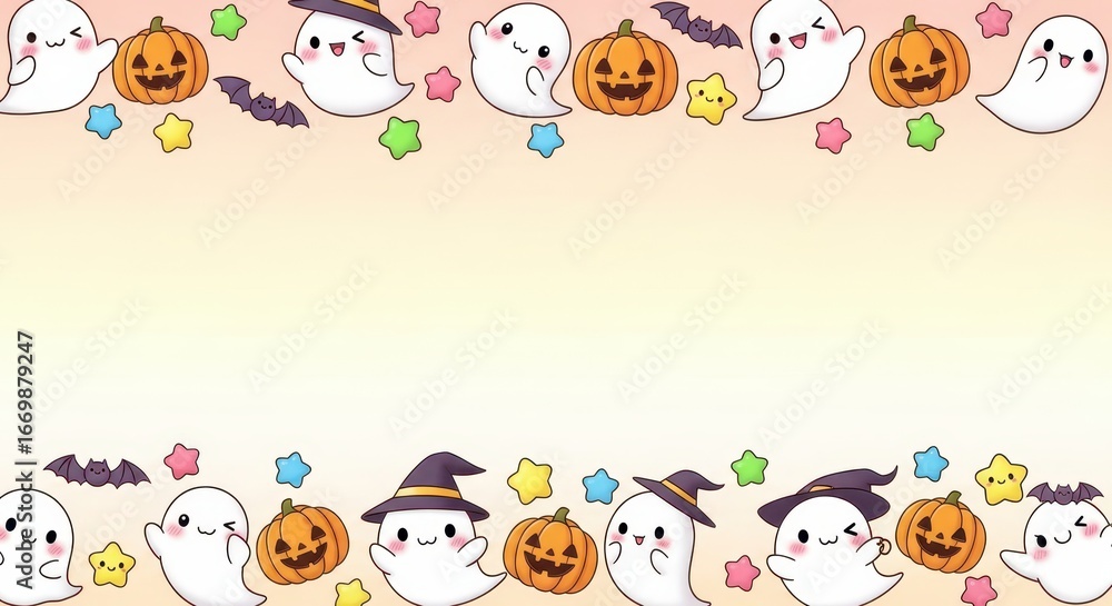Fototapeta premium Cute Halloween background with kawaii ghosts, smiling pumpkins, bats, and colorful stars. Horizontal frame with empty copy space