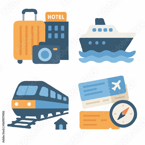 Flat icons for travel, including hotels, cruises, trains, flights, and planning.