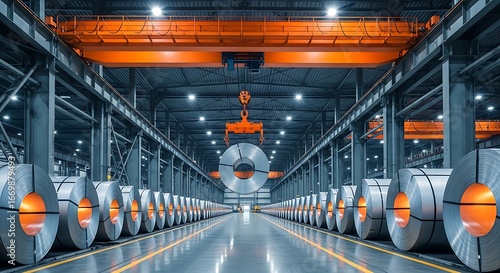 A large warehouse interior showcases numerous steel coils neatly arranged in rows, illuminated by bright industrial lights.
