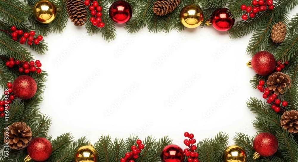 Fototapeta premium Festive Greenery Frame with Ornaments, Pinecones, and Berries on White - Perfect for Holiday Greetings and Seasonal Designs