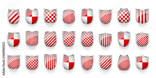 Glossy shields with red and black white. Security and protection concept. Cyber safety icons, internet privacy, web defense, digital data protection and antivirus themes. Vector illustration