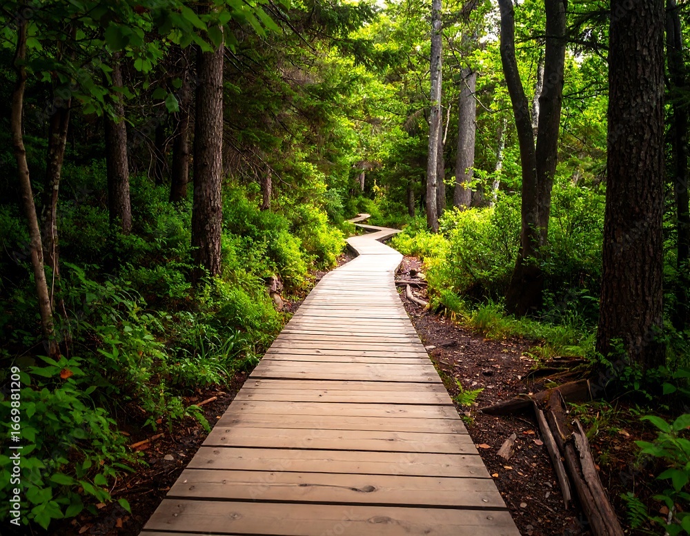 Obraz premium Wooden boardwalk path through lush forest