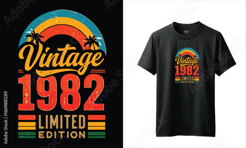 Vintage 1982 Limited Edition T‑Shirt – Retro Sunset with Palms for Birthday Gifts, 80s Aesthetic and Throwback Parties
