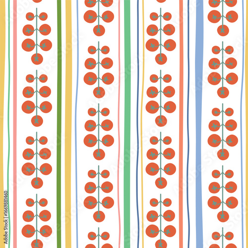 Tomatoes striped seamless pattern. Vector la dolce vita repeat background with vertical stripes, vegetables. Hand drawn Italian summer print. Alfresco Dining textile design, fabric, wallpaper, wrap.
