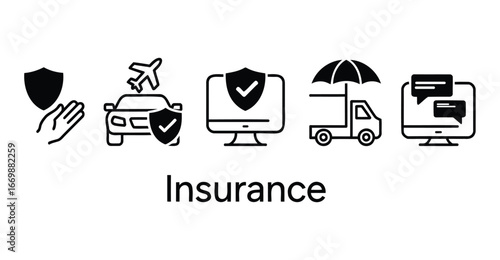 Black and white insurance icon set featuring personal, travel, cyber, cargo, and customer service symbols for modern insurance concepts