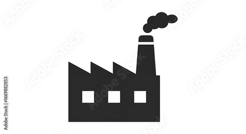 Simple black and white illustration of a factory emitting smoke.