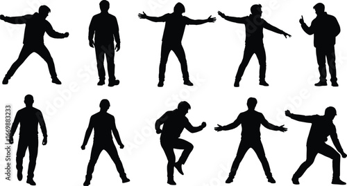 Silhouettes of active men standing and moving in various dynamic poses, casual clothing, isolated on white background, energetic, motion, expression, youth, freedom, lifestyle, activity