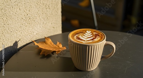 Warm latte art with autumn leaf on table, perfect for cafe branding or cozy moments