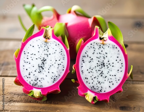 Fresh dragon fruit cut in half exotic tropical fruit concept on wooden table 