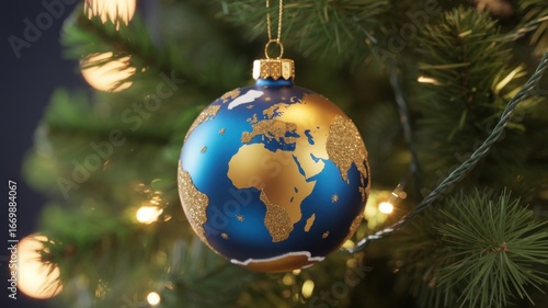 Christmas ornament globe with map of the world hanging on a tree with lights for holiday decoration and celebration