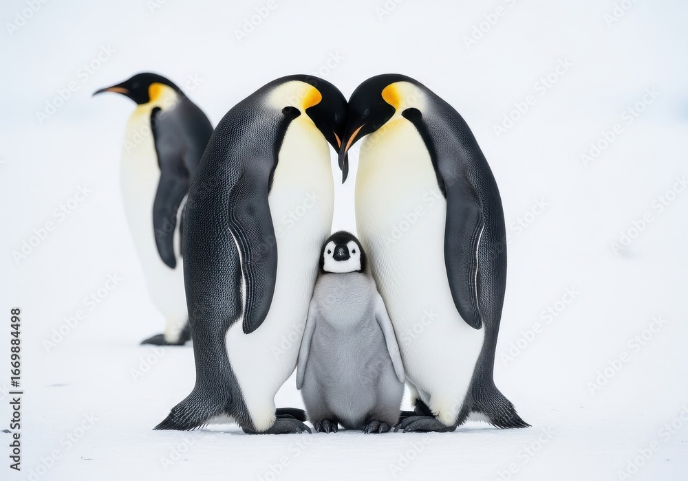 Fototapeta premium Emperor penguin family huddled together isolated on transparent background