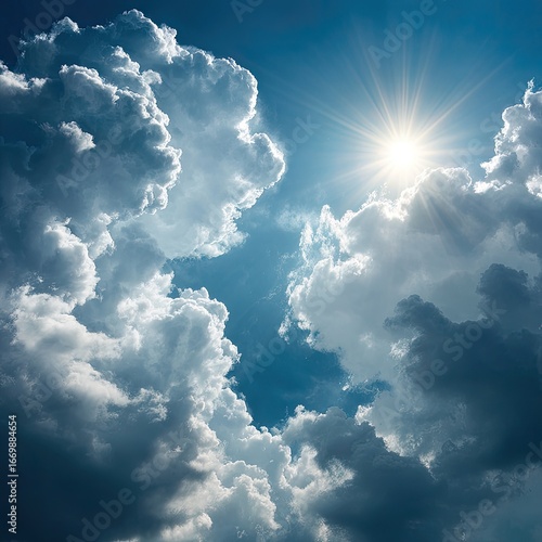 Fototapeta Naklejka Na Ścianę i Meble -  Dramatic sky with fluffy clouds and bright sun