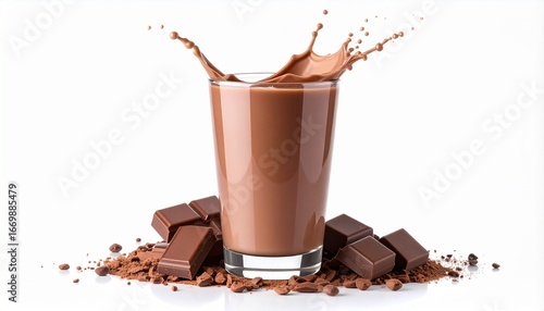 Chocolate milk being poured into glass with splash effect, surrounded by chocolate bars, cocoa beans, and shavings on white surface.