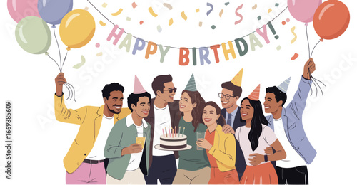 Group of people celebrating a birthday with cake, balloons, party hats, and confetti under a “Happy Birthday” banner in festive setting