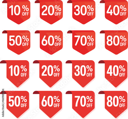 Discount Sticker Tag Set – Red Shopping Labels with 10% to 80% Off Vector