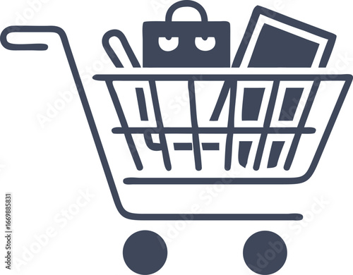 Shopping Cart Filled with Groceries and Bags.