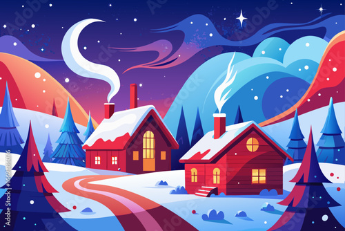 A snowy Christmas village at night with a winter landscape, featuring cozy houses and illuminated trees under a starry sky