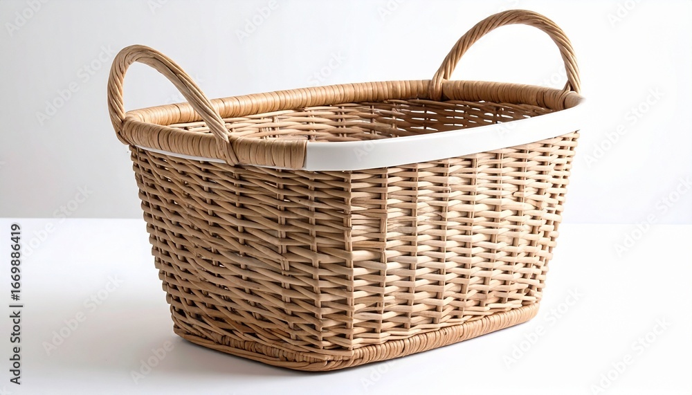 Obraz premium Rectangular woven laundry basket with white plastic rim and handles, beige texture, isolated on plain white background.