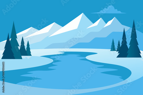 A snowy winter landscape with a panoramic view of frost-covered trees and a mountain peak under a cold sky