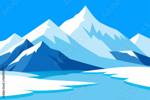 A high-angle panorama of a snowy alpine winter landscape with towering mountain peaks under a cold blue sky