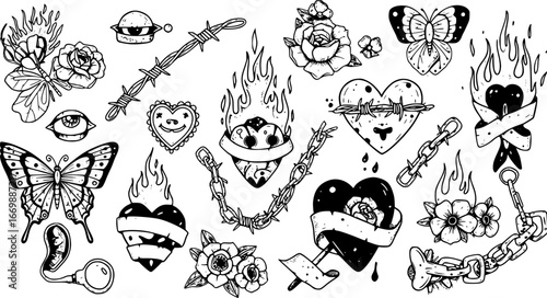Tattoo art 1990s, 2000s. Y2k stickers. Butterfly, barbed wire, fire, flame, chain, heart and other elements in trendy psychedelic style. Vector hand drawn tattoo print. Black and white colors.