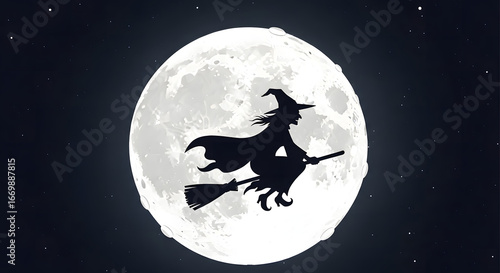 spooky witch flying on broomstick under full moon