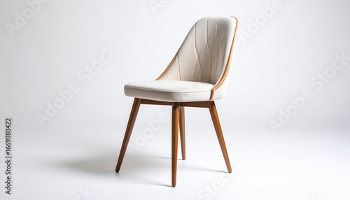 Wallpaper Mural Modern upholstered chair with light beige cushioned seat and backrest, featuring subtle vertical stitching and angled wooden legs with a natural finish, set against a white background for a clean, min Torontodigital.ca