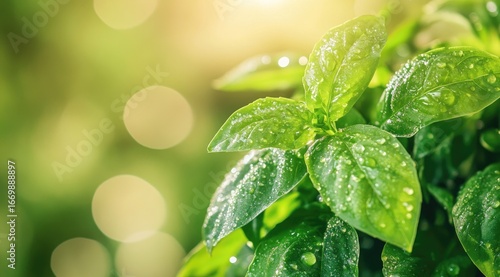 Fresh basil leaves with dew drops in sunlight